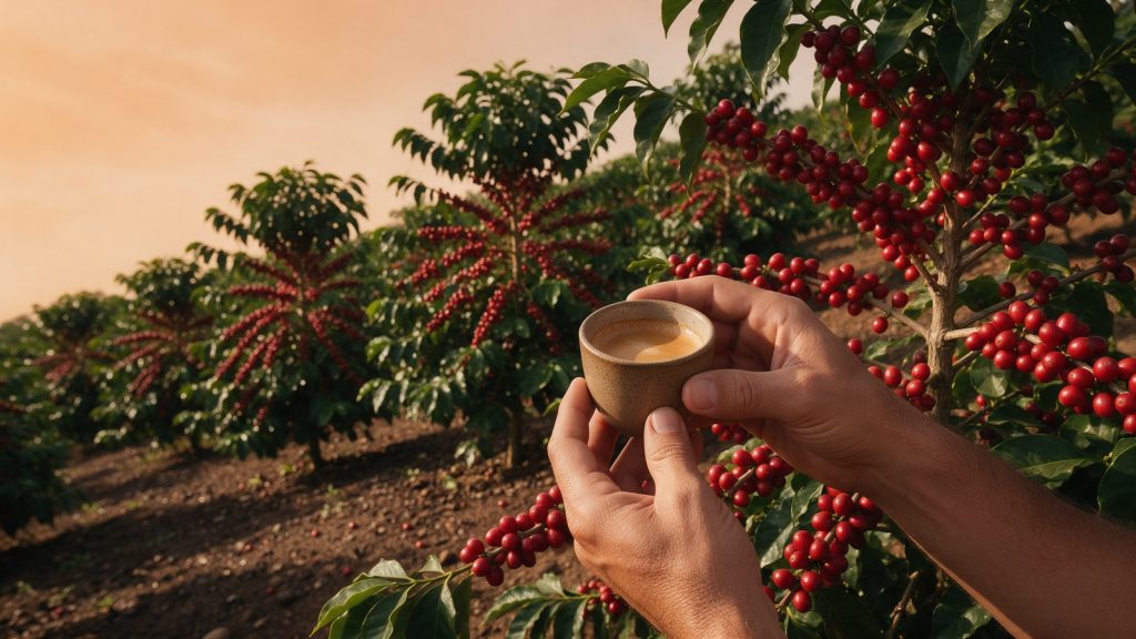 Mãos de produtor segurando xícara de café especial diante de pés de café com frutos maduros