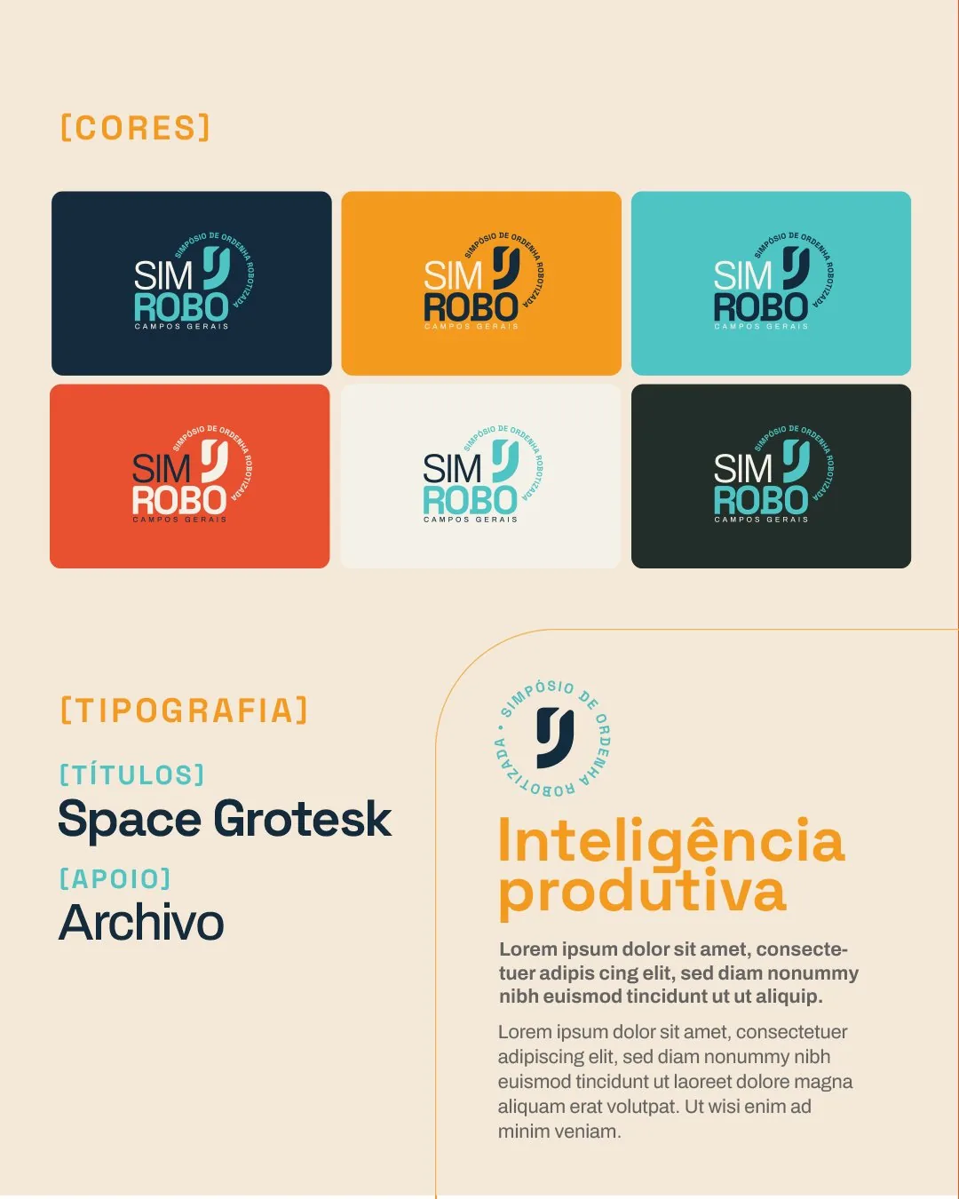 Sistema visual SIMROBO com seis variações de cor do logotipo e tipografias Space Grotesk e Archivo