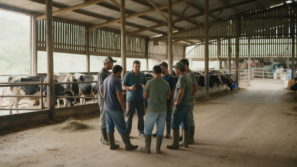 Equipe de fazenda leiteira reunida em roda com o supervisor no início do turno
